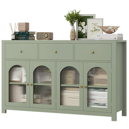 Homfa 55''Wide Buffet Credenzas, Large Dining Sideboard with 3 Drawers, 4 Glass Doors, Wood Coffee Bar Cabinet, Green