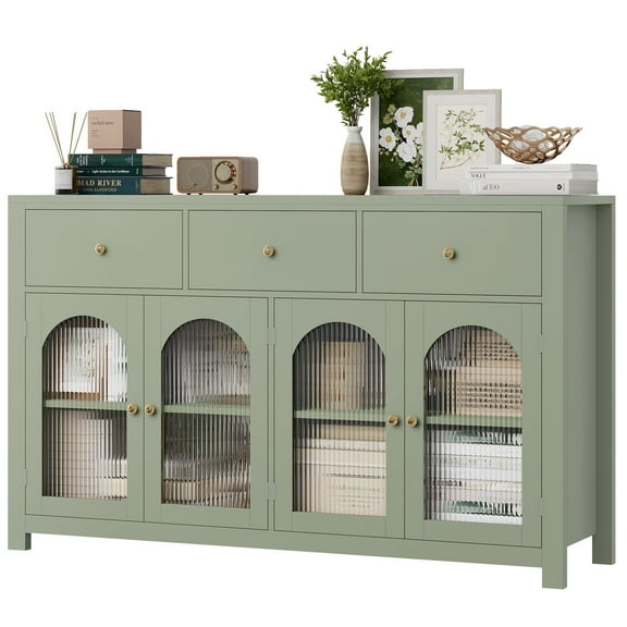 Homfa 55''Wide Buffet Credenzas, Large Dining Sideboard with 3 Drawers, 4 Glass Doors, Wood Coffee Bar Cabinet, Green