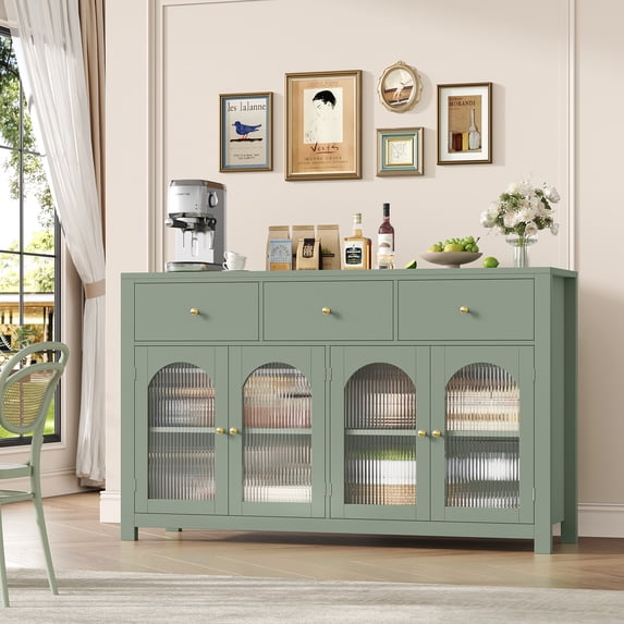 Homfa 55''Wide Buffet Credenzas, Large Dining Sideboard with 3 Drawers, 4 Glass Doors, Wood Coffee Bar Cabinet, Green