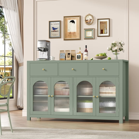 Homfa 55''Wide Buffet Credenzas, Large Dining Sideboard with 3 Drawers, 4 Glass Doors, Wood Coffee Bar Cabinet, Green