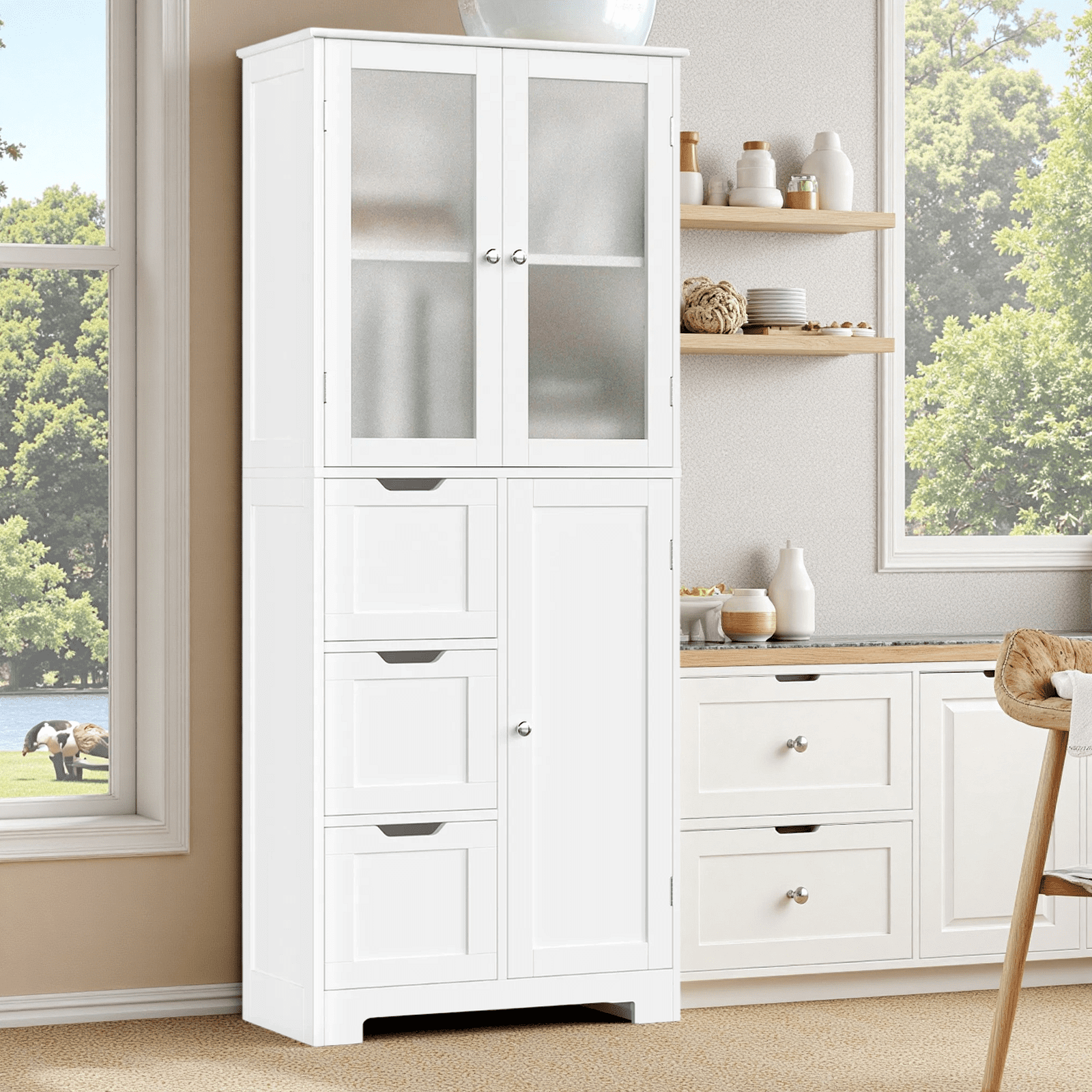 Homfa 56.6"H Kitchen Pantry Cabinet with 3 Doors and 3 Drawers, Floor Cabinet for Dining Room Living Room, White