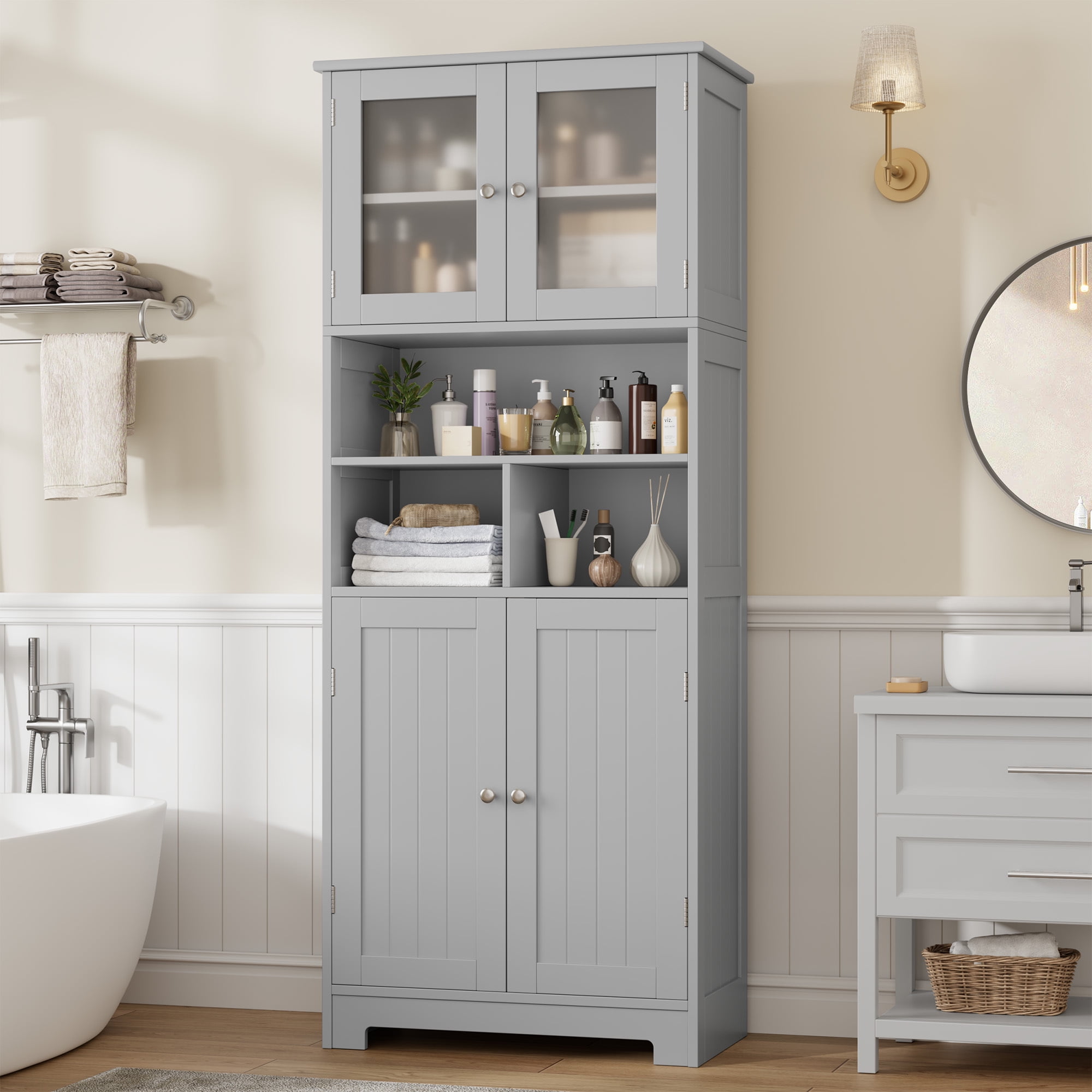 Homfa 58'' Tall Bathroom Cabinet, Linen Cabinet with Doors and Shelves ...