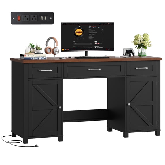 Homfa 59.1" Computer Desk with Outlet, Thinken Study Writing Desk with 3-Drawer and Door Shelf for Home Office Living Room, Black