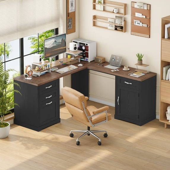 Homfa 59.8‘’W L-Shaped Computer Desk with 4 Drawers and Outlets, Modern White Study Writing Table Desk for Home Office,Black