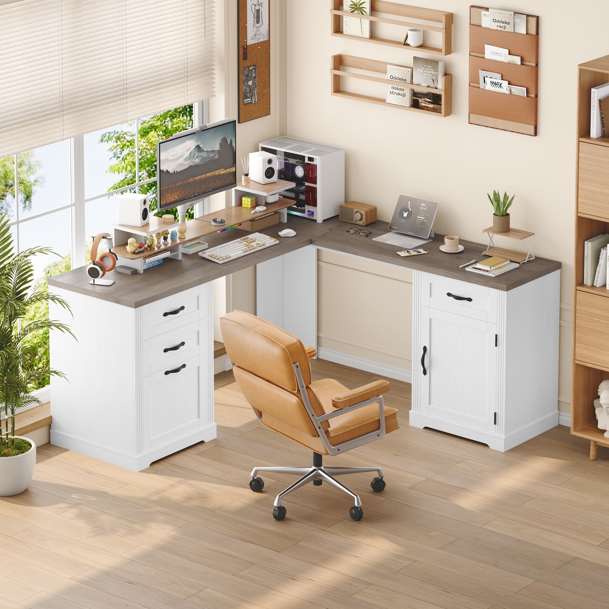 Homfa 59.8‘’W L-Shaped Computer Desk with 4 Drawers and Outlets, Modern White Study Writing Table Desk for Home Office，White