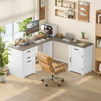 Homfa 59.8‘’W L-Shaped Computer Desk with 4 Drawers and Outlets, Modern White Study Writing Table Desk for Home Office,White