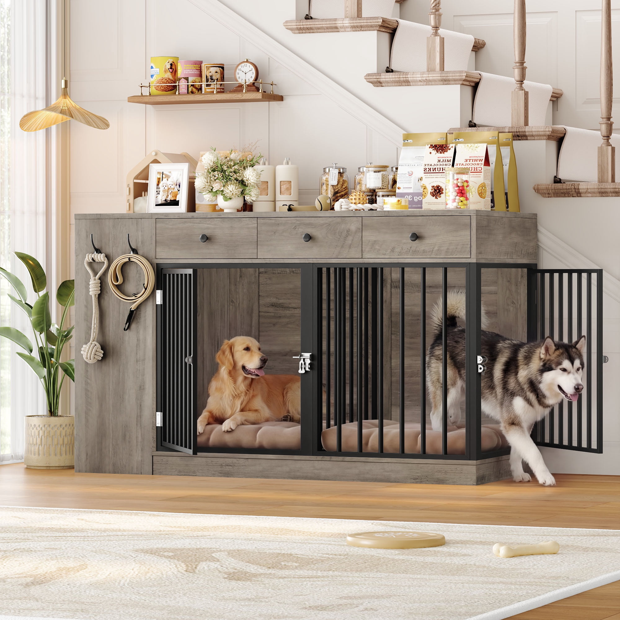 Homfa 59'' Large Double Dog Crate Furniture with 3 Drawers and Side Cabinet & Shelf, Indoor Wooden Dog Kennel with Removable Divider for 2 Medium or Large Dogs, Gray