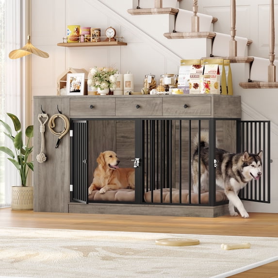 Homfa 59'' Large Double Dog Crate Furniture with 3 Drawers and Side Cabinet & Shelf, Indoor Wooden Dog Kennel with Removable Divider for 2 Medium or Large Dogs, Gray