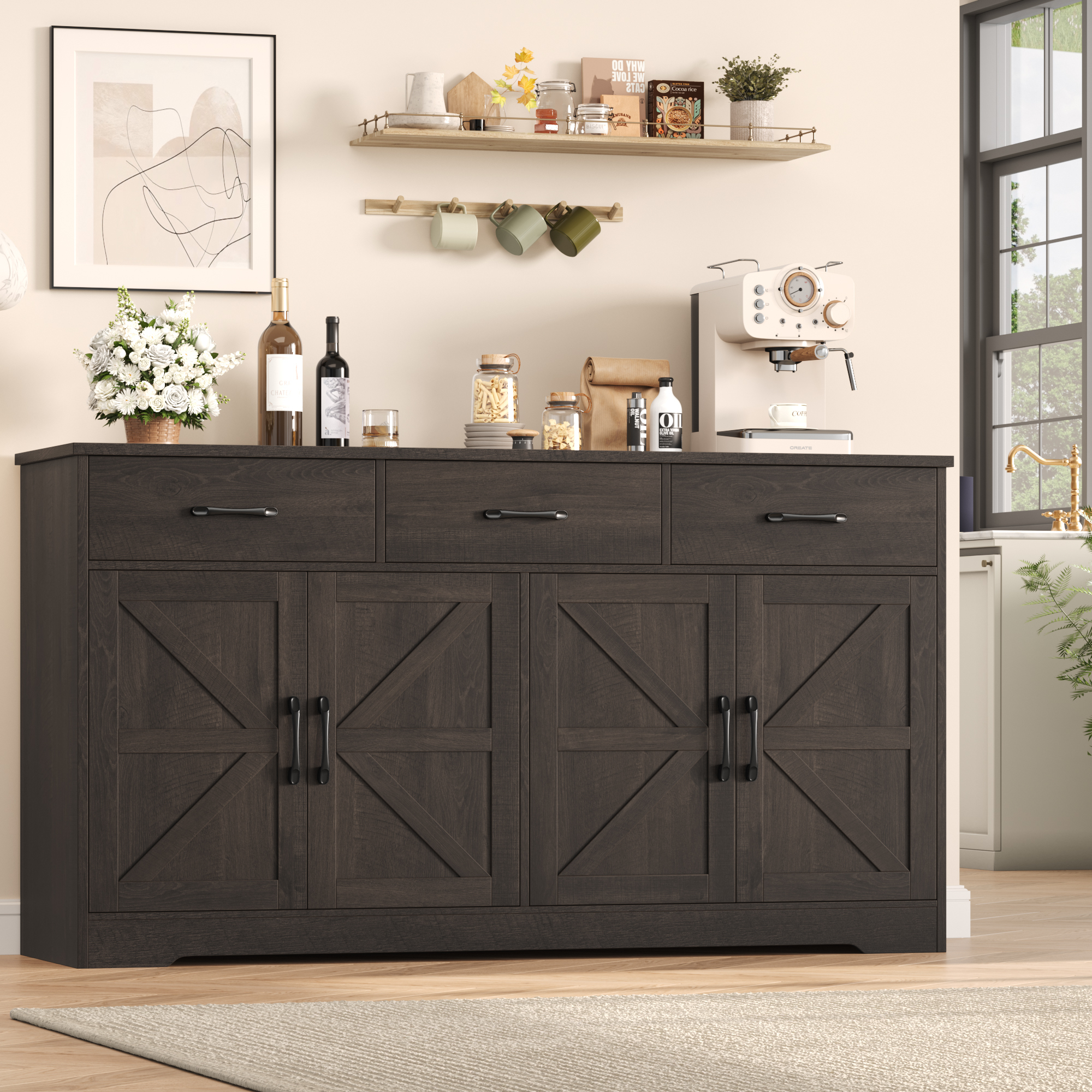 Homfa 59"W Farmhouse Kitchen Sideboard Credenza, Lengthen Storage Cabinet for Dining Room, 4-Doors 3-Drawer Wood Buffet with Adjustable Shelves, Dark Brown