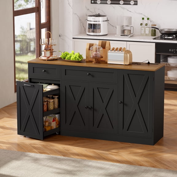 Homfa 59"W Farmhouse Kitchen Sideboard, Credenza with Wheeled Cabinet for Dining Room, 3-Doors 2-Drawer Wood Buffet Cabinet with Adjustable Shelf, Black
