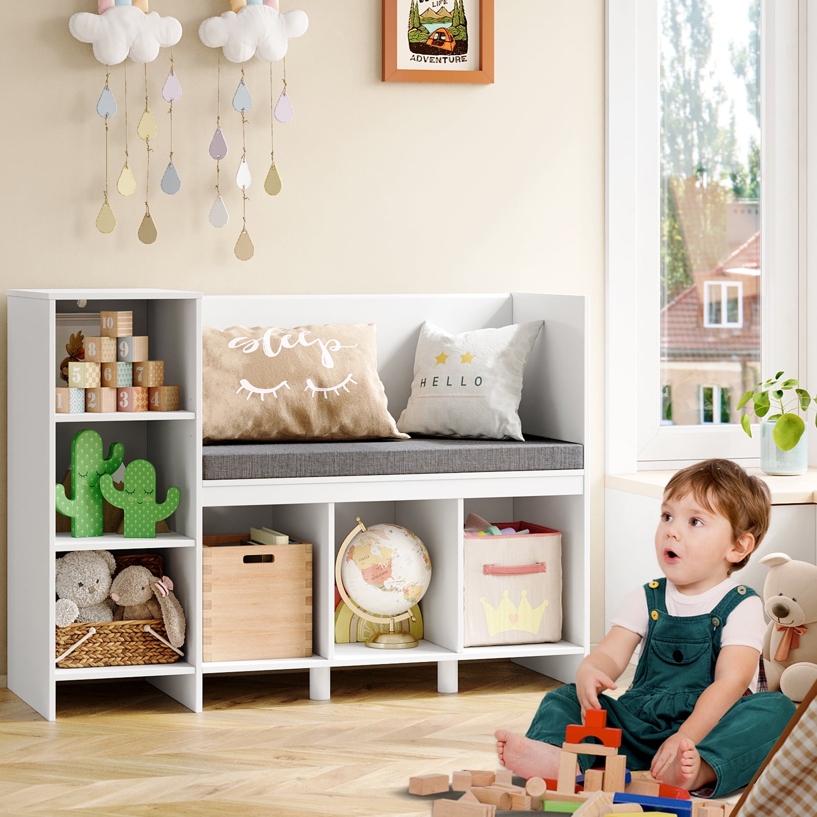 Homfa 6 Cube Kids Bookshelf with Reading Nook, Storage Organizer with Seat Cushion for Children's Room, White