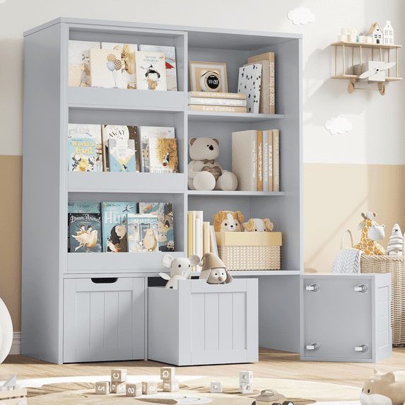Homfa 6 Cube Toy Storage, Cube Organizer with Sliding Rack, 3 Drawer Kids Bookcase and Bookshelf, Gray