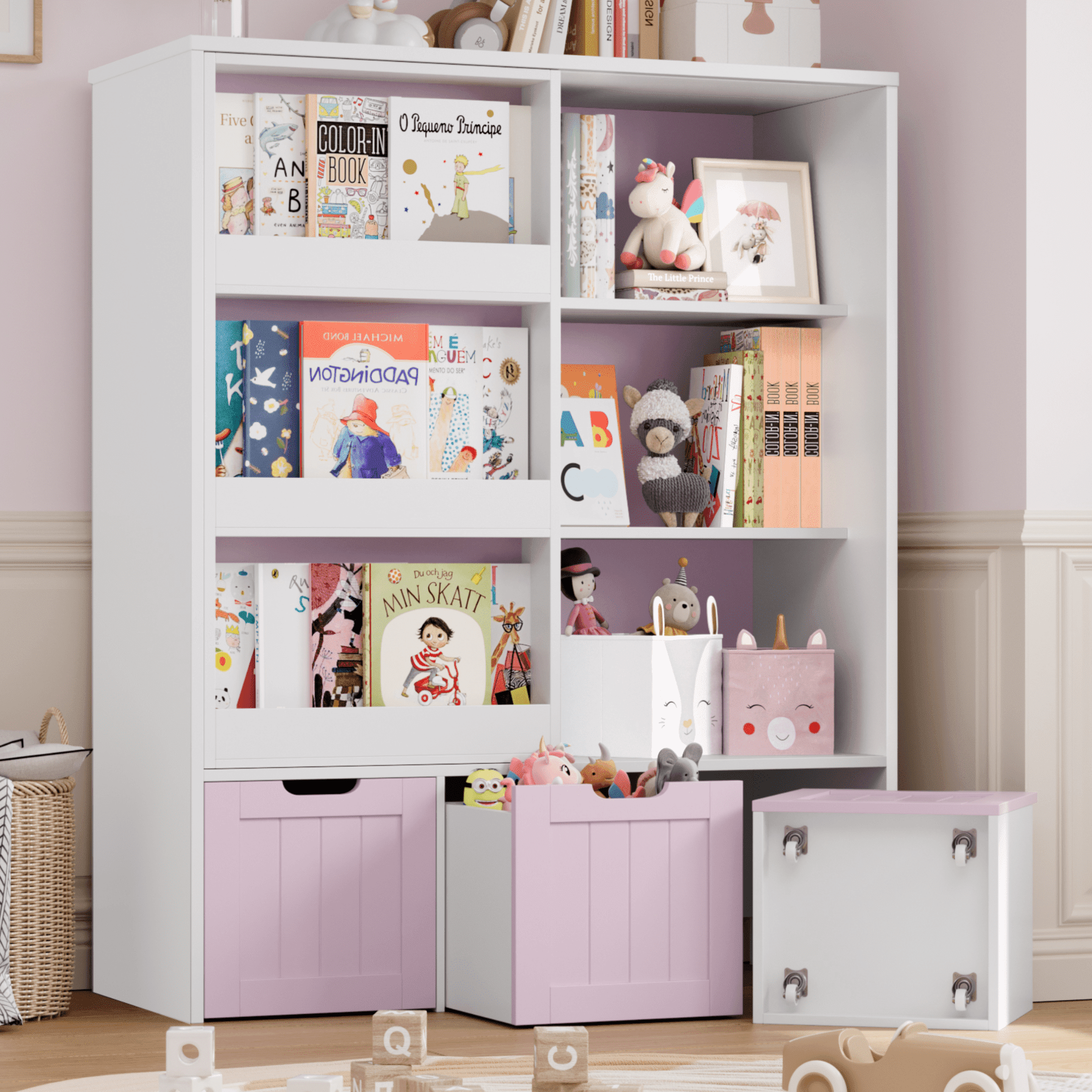 Homfa 6 Cube Toy Storage, Cube Organizer with Sliding Rack, 3 Drawer Kids Bookcase and Bookshelf, Pink