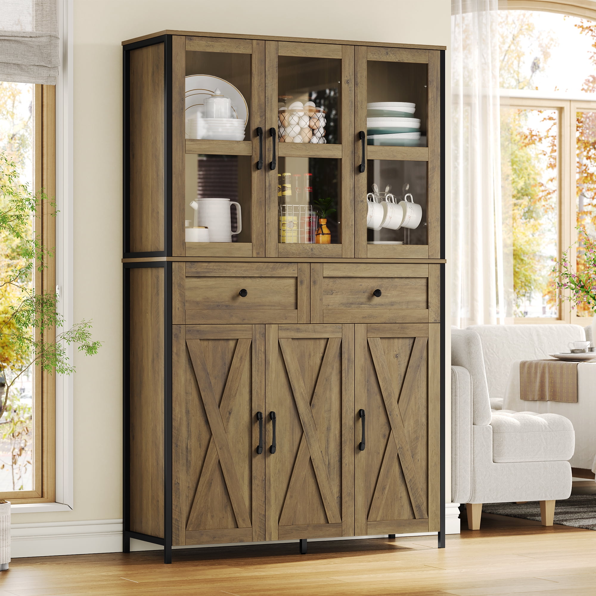 Homfa 6 Doors  2 Drawers Kitchen Storage Cabinet with Glass Doors & Metal Frame, Farmhouse Pantry Cabinet Wood Cupboard with Adjustable Shelves, Brown