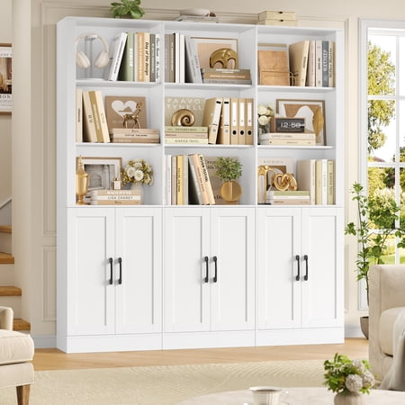 Homfa 70? Tall Bookshelf and Bookcase with Cabinets, 63'' Wide Triple Row Display Shelves, 15 Cubes 5-Tiers Large Bookcase for Living Room Home Office, White