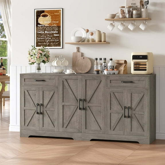 Homfa 6-Doors Farmhouse Sideboard with 2-Drawers, 70.8'' W Buffet Cabinet with Adjustable Shelves for Kitchen Dining Room, Gray