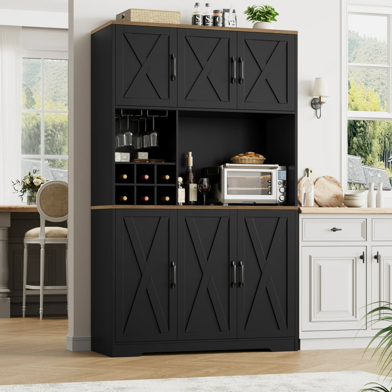 Homfa 6 Doors Kitchen Pantry Buffet Hutch with Wine Rack 70.9 Farmhouse Cupboard Storage Cabinet for Dining Room Black
