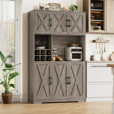 Homfa 6 Doors Kitchen Pantry Buffet Hutch with Wine Rack, 70.9'' Farmhouse Cupboard Storage Cabinet for Dining Room, Gray