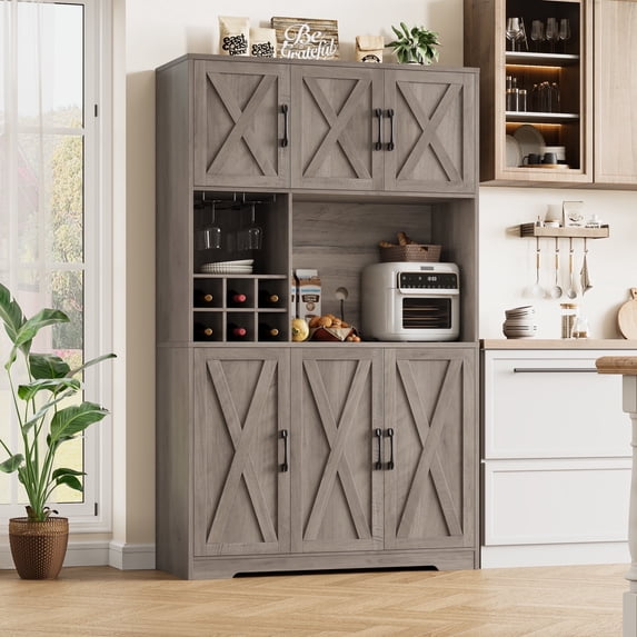 Homfa 70.9'' Tall Kitchen Pantry with Microwave Countertop, Farmhouse Buffet Hutch, Floor 6 Doors Cupboard Storage Cabinet for Dining Room Kitchen, Gray