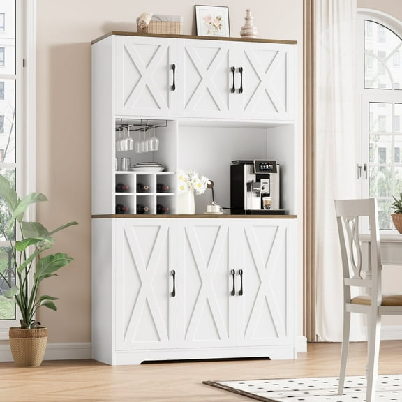 Homfa 70.9'' Tall Kitchen Pantry with Microwave Countertop, Farmhouse Buffet Hutch, Floor 6 Doors Cupboard Storage Cabinet for Dining Room Kitchen, White