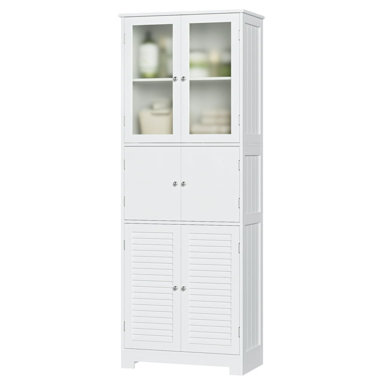 Homfa 4 Doors Linen Storage Cabinet, 3-Tier Wood Tall Cabinet Cupboard with  2 Drawers for Living Room Bathroom, White