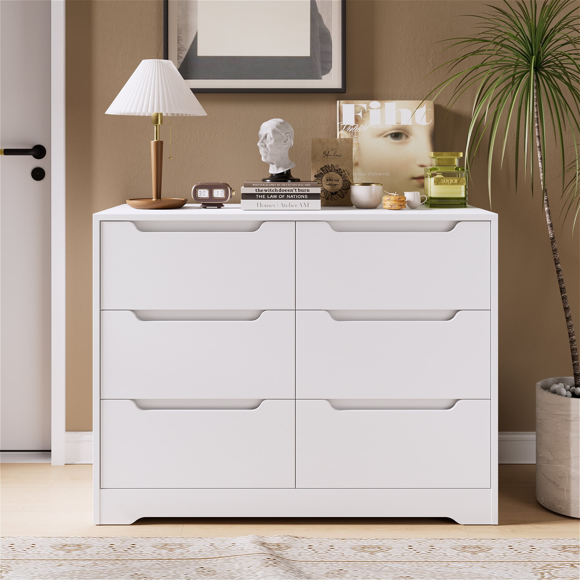 Homfa 6 Drawer 42.5 W Double Dresser Modern Handless Wood Storage Cabinet for Bedroom Living Room White