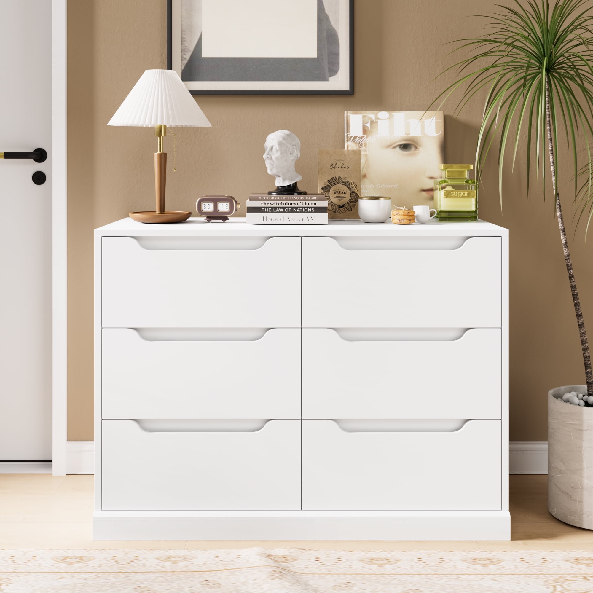 Homfa 42.5 W 6 Drawer Dresser Modern Handless Wood Storage Cabinet for Bedroom Living Room White