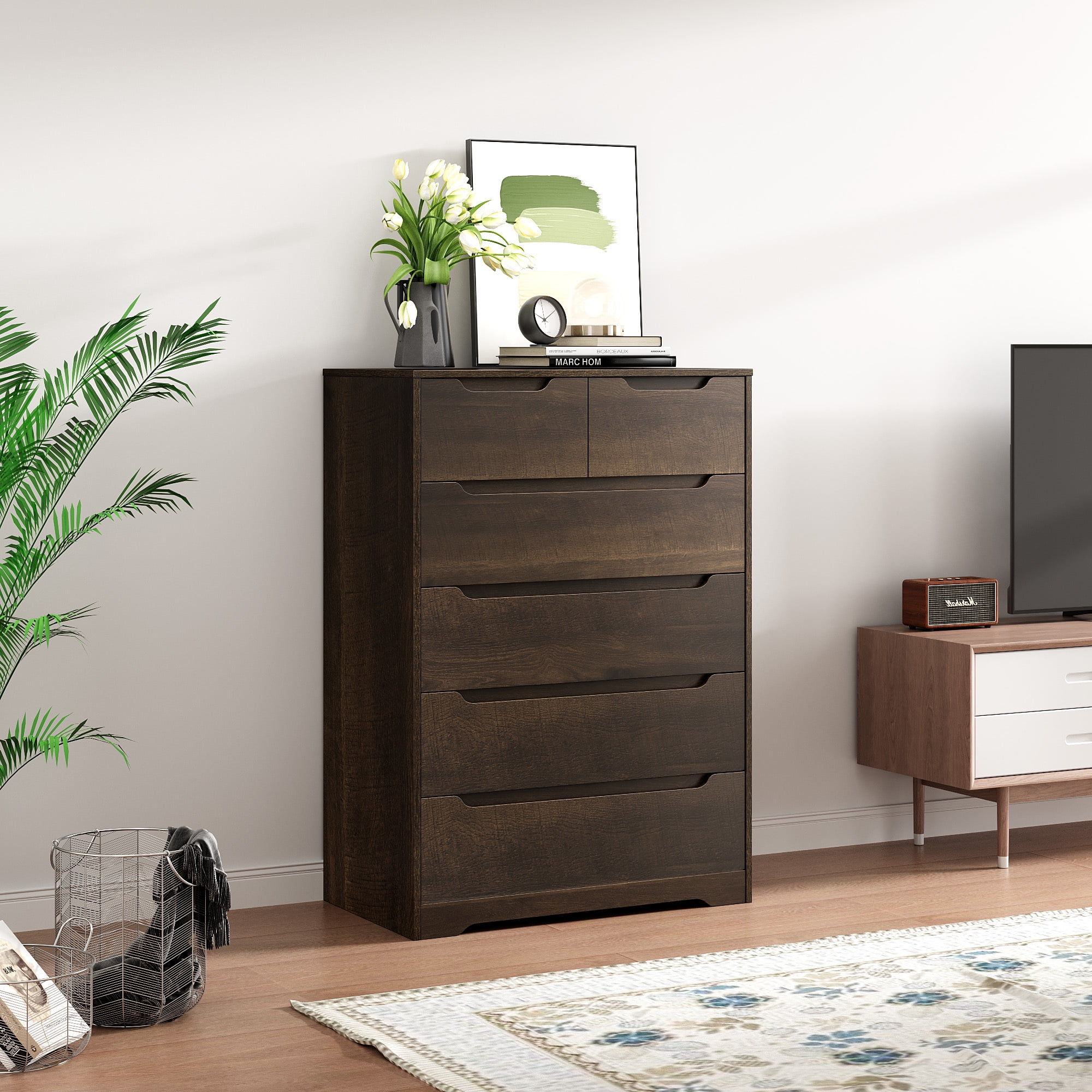 Homfa 6 Drawer Bedroom Dresser Tall Storage Cabinet Chest of Drawers for Living Room Dark Brown