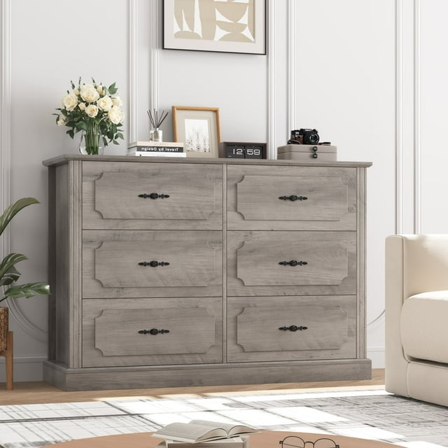 Homfa 6 Drawer Double Bedroom Dresser, Vintage Wood Storage Cabinet Large Drawer Chest for Living Room, Easy to Clean Top, Wash Gray