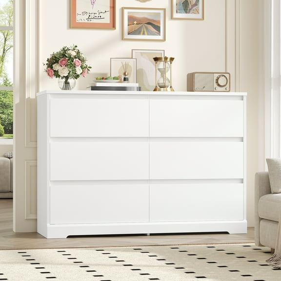 Homfa 6 Drawer Double Dresser, 47.2'' Wood Storage Side Cabinet Chest of Drawer for Bedroom Living Room, White