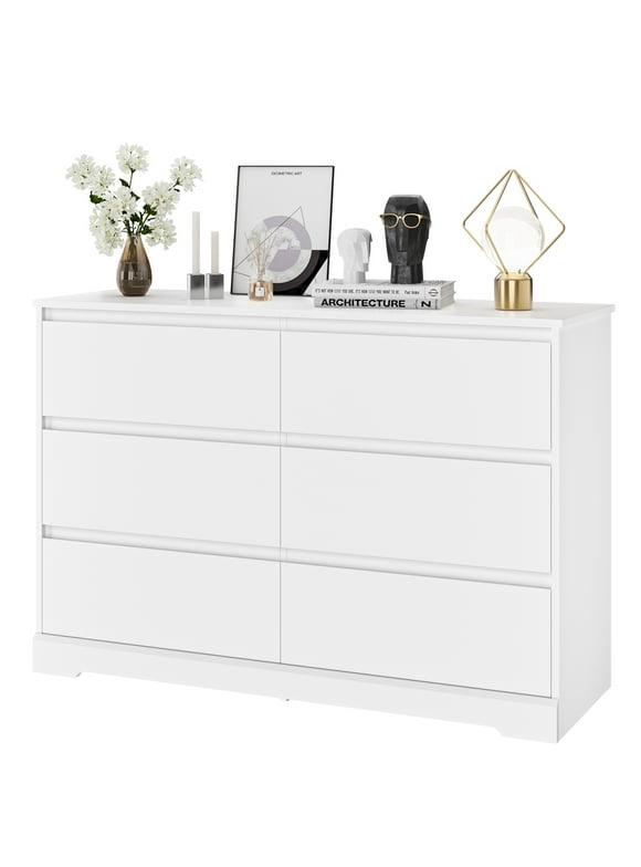 Homfa 6 Drawer Double Dresser, 47.2'' Wood Storage Side Cabinet Chest of Drawer for Bedroom Living Room, White