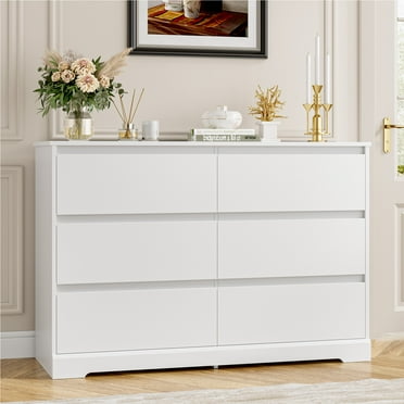 Homfa 6 Drawer Double Dresser, 47.2'' Wood Storage Side Cabinet Chest of Drawer for Bedroom Living Room, White
