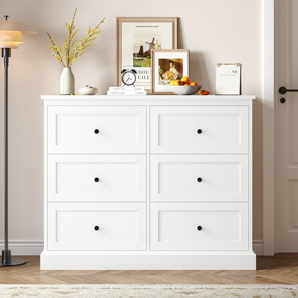 Homfa 6 Drawer Double Dresser White, Wood Storage Cabinet for Living Room, Chest of Drawers for Bedroom