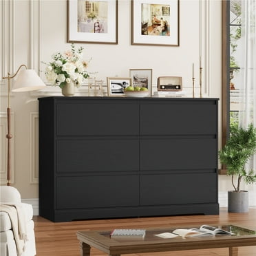 Homfa 6 Drawer Double Dresser for Bedroom, 47.2'' Wood Storage Side Cabinet Chest of Drawer Living Room, Black