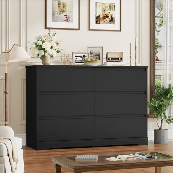 Homfa 6 Drawer Double Dresser for Bedroom, 47.2'' Wood Storage Side Cabinet Chest of Drawer Living Room, Black