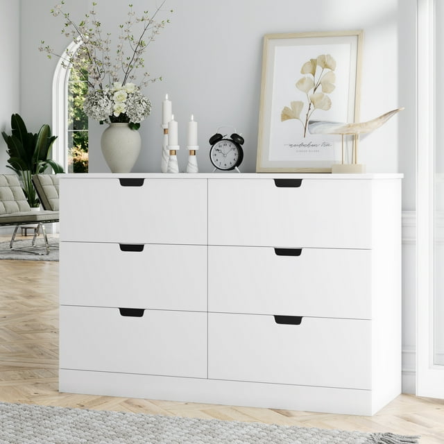 Homfa 6 Drawer Double Dresser for Bedroom, Modern White Chest, Wood Storage Cabinet for Living Room