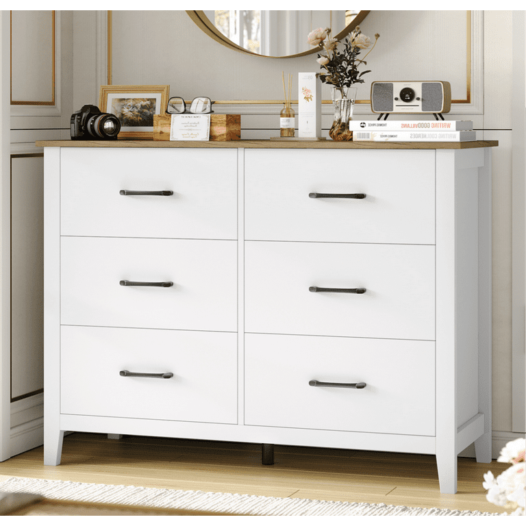 Homfa 6 Drawer White Double Dresser,Wood Storage Cabinet for Living Room,  Chest of Drawers for Bedroom