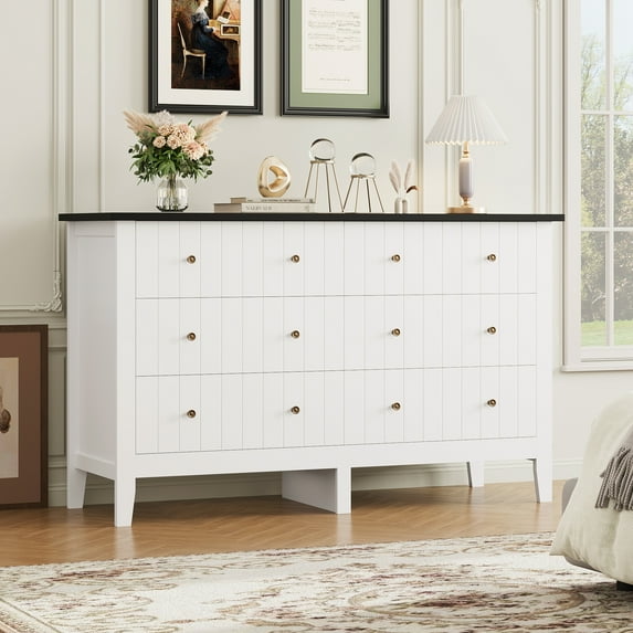 Homfa 6 Drawer Double Dresser for Bedroom, Modern Wood Storage Cabinet with Classic Handle for Living Room, White/Black