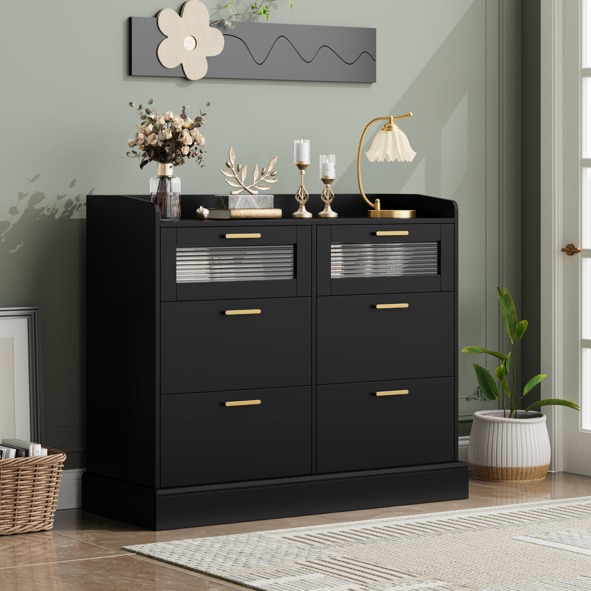 Homfa 6 Drawer Double Dresser with Fence, Chest of Drawers with Wavy Glass, Wooden Storage Cabinet for Bedroom, Black - image 1 of 7