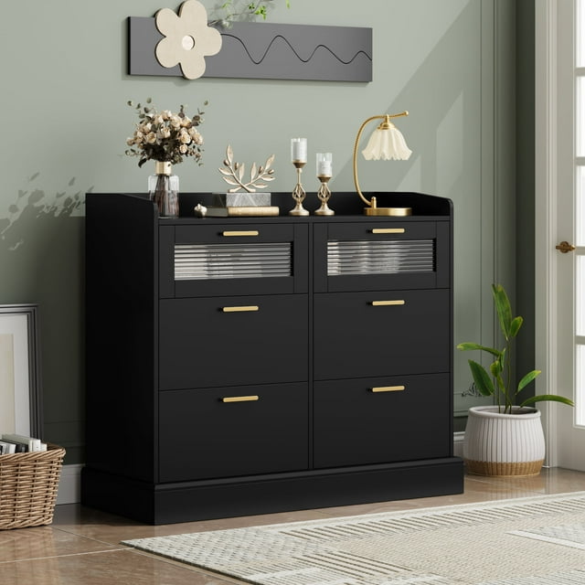 Homfa 6 Drawer Double Dresser with Fence, Chest of Drawers with Wavy Glass, Wooden Storage Cabinet for Bedroom, Black