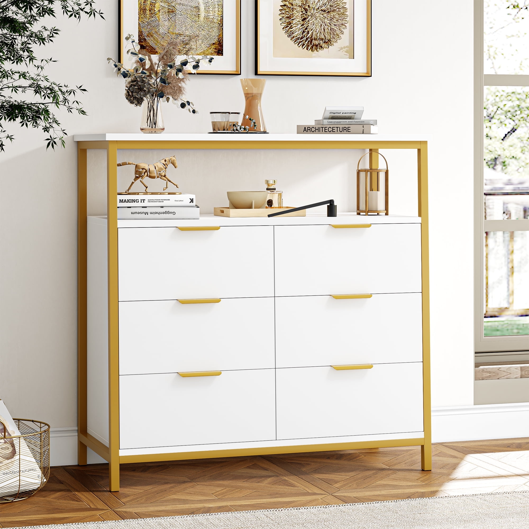 Homfa 6 Drawer Dresser, Modern Storage Chest, Storage Cabinet for Living  Room, White Gold