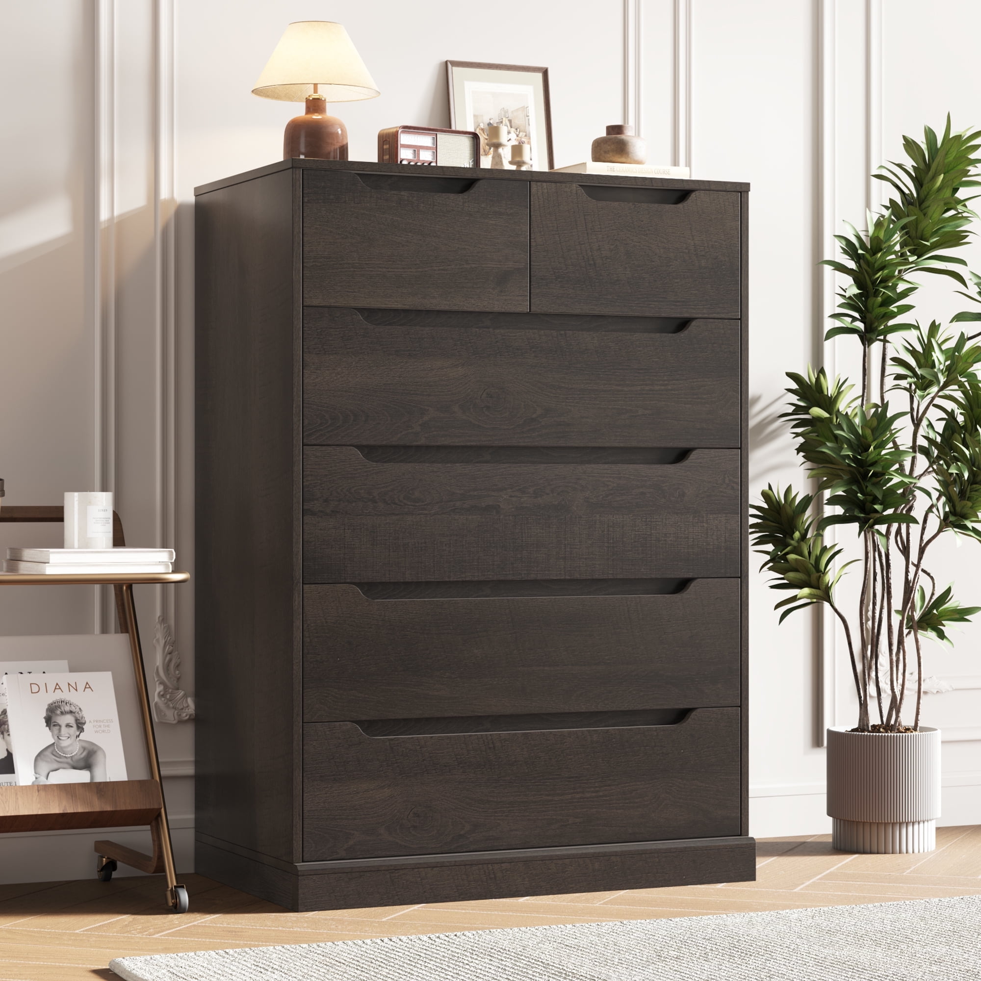 Homfa 6 Drawer Dresser Wood Storage Cabinet Dark Brown Tall Big Built for Bedroom Living Room Walmart