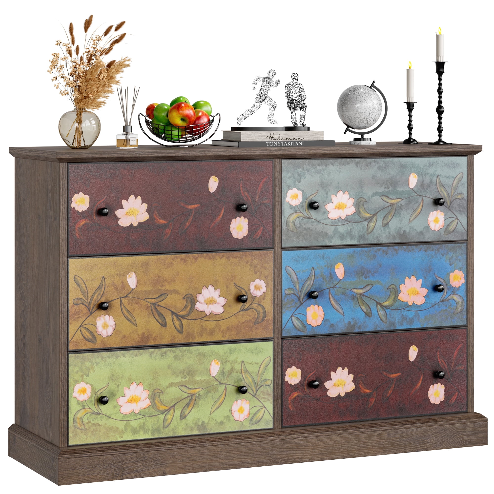 boho farmhouse dresser SICOTAS 56.88" Wide 7 Drawer Tall Dressers, Boho Dresser with Oversized Storage Space Rattan Dressers & Chests of Drawer Engineered Wooden Dressers