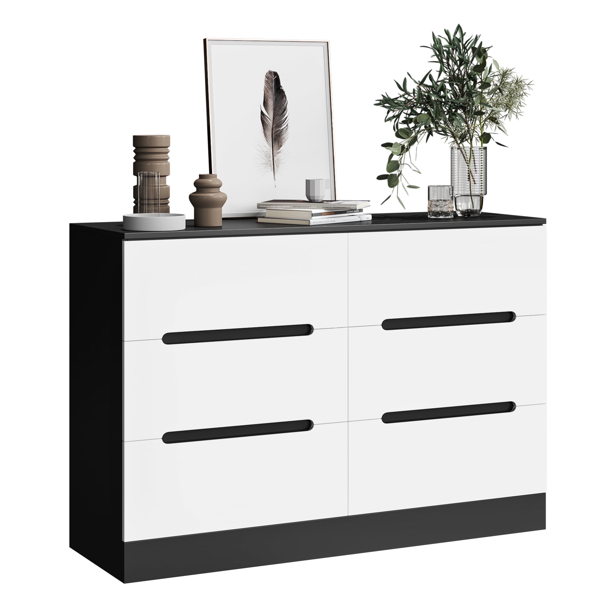 Homfa 6 Drawer Dresser with Recessed Handle, Modern Storage Cabinet for Bedroom, Black & White