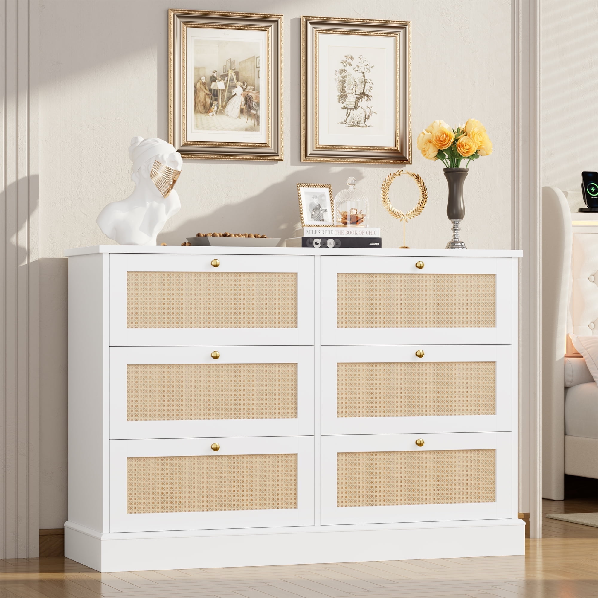 Homfa 6 Drawer Horizontal Dresser, Modern Rattan Chest of Drawers for ...