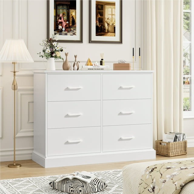 Homfa 6 Drawer Horizontal Dresser For Bedroom, Living Room Wood Storage 