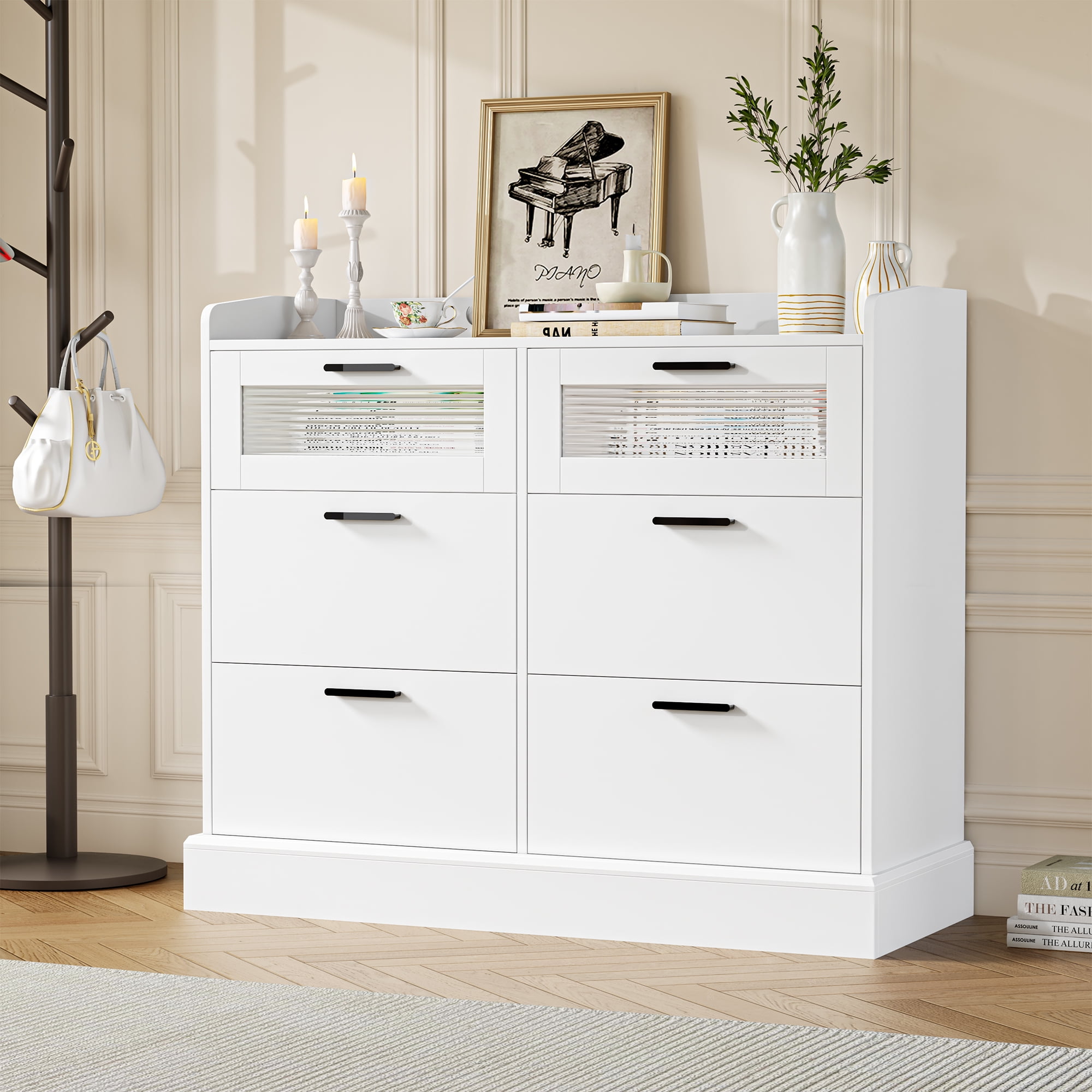 Homfa Tall Six Drawer Horizontal Dresser, White Chest with Glass Drawer