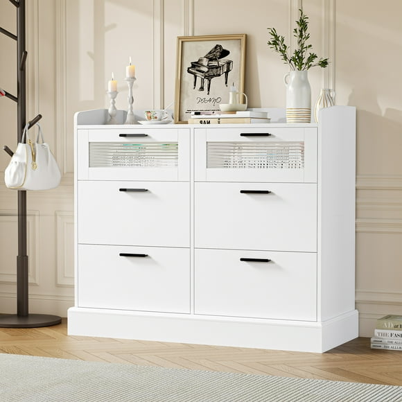 Homfa 6 Drawer Horizontal Dresser with Fence, White Chest Dresser with Glass Drawer for Bedroom