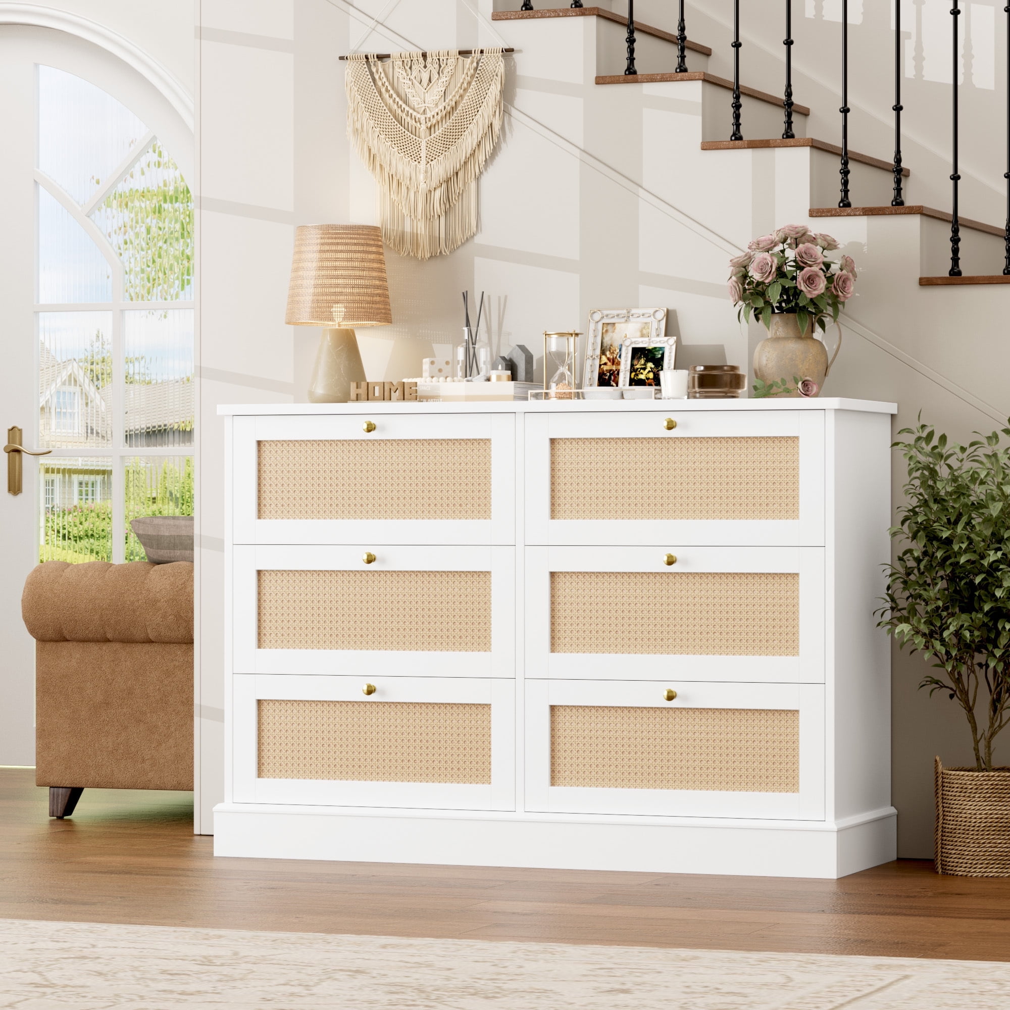 Free Shipping! Homfa 6 Drawers Rattan Dresser for Bedroom, White ...