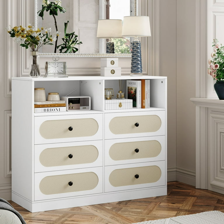 Homfa 6 Drawer White Double Dresser,Wood Storage Cabinet for Living Room,  Chest of Drawers for Bedroom